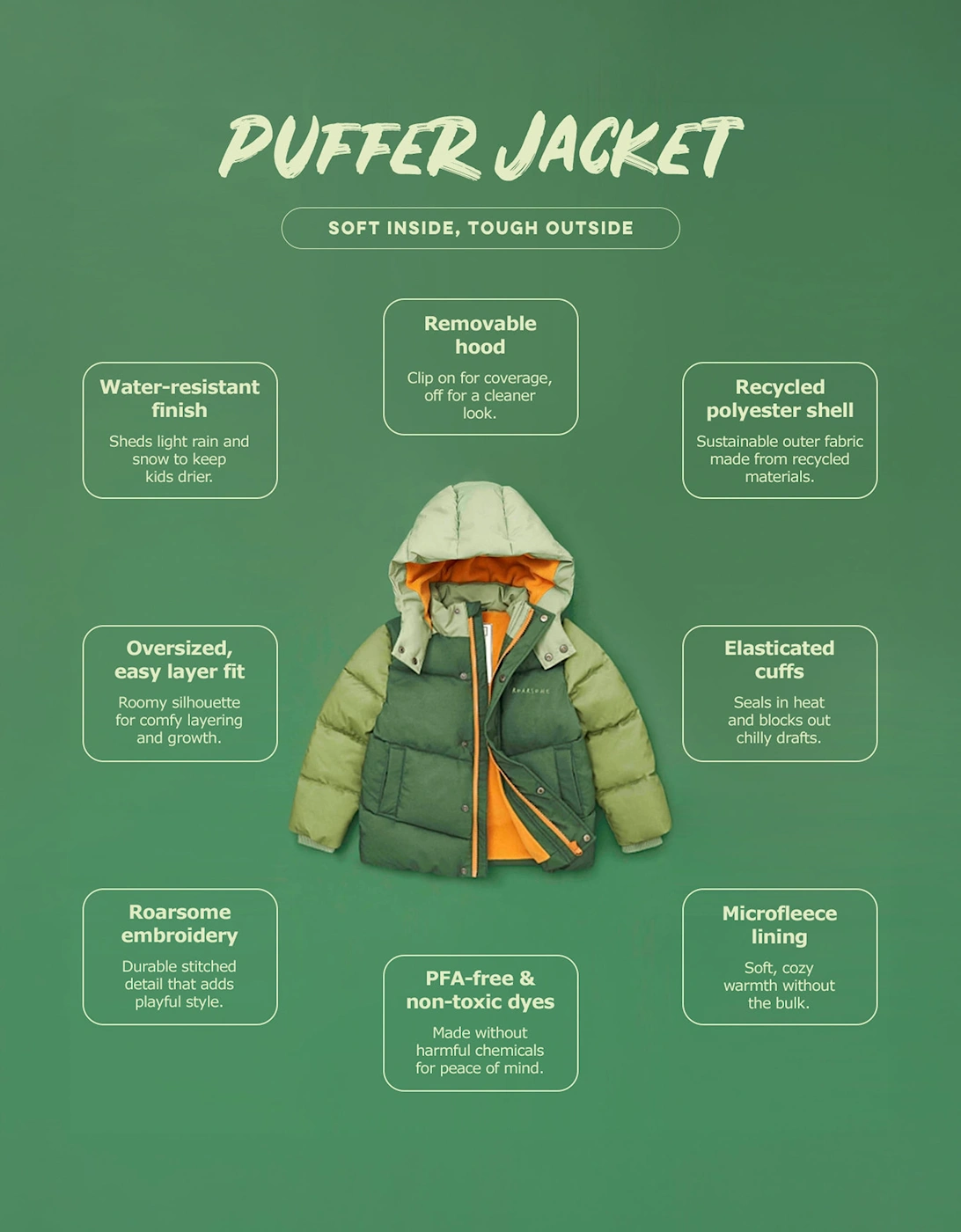 Roarsome Boys Puffer Jacket in Green