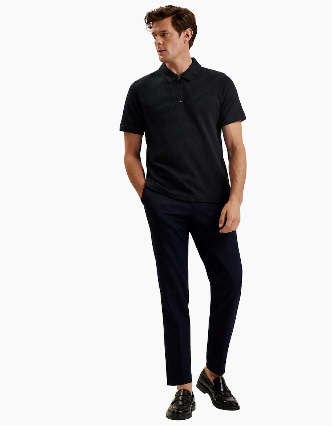 Ted Baker Elgrave  Regular Textured Half Zip Navy Polo Shirt
