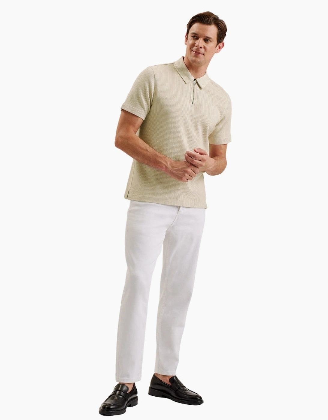 Ted Baker Elgrave Regular Textured Half Zip Beige Polo Shirt