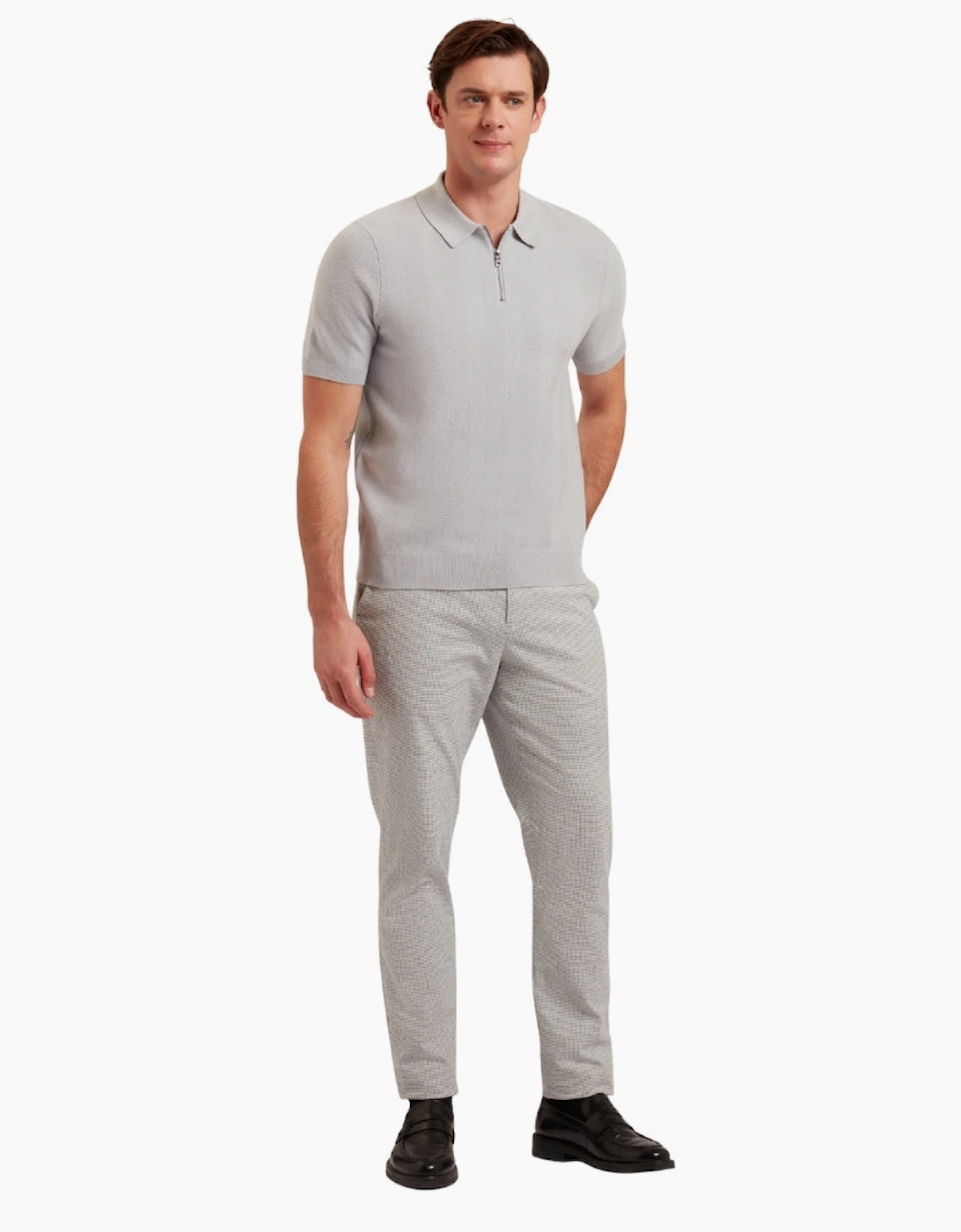 Ted Baker Fourd Herringbone Stitch Zip Grey Polo Shirt