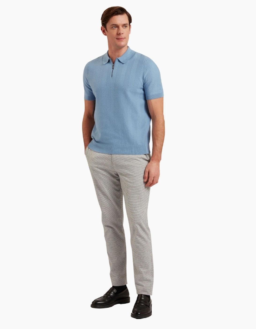 Ted Baker Fourd Herringbone Stitch Zip Blue Polo Shirt