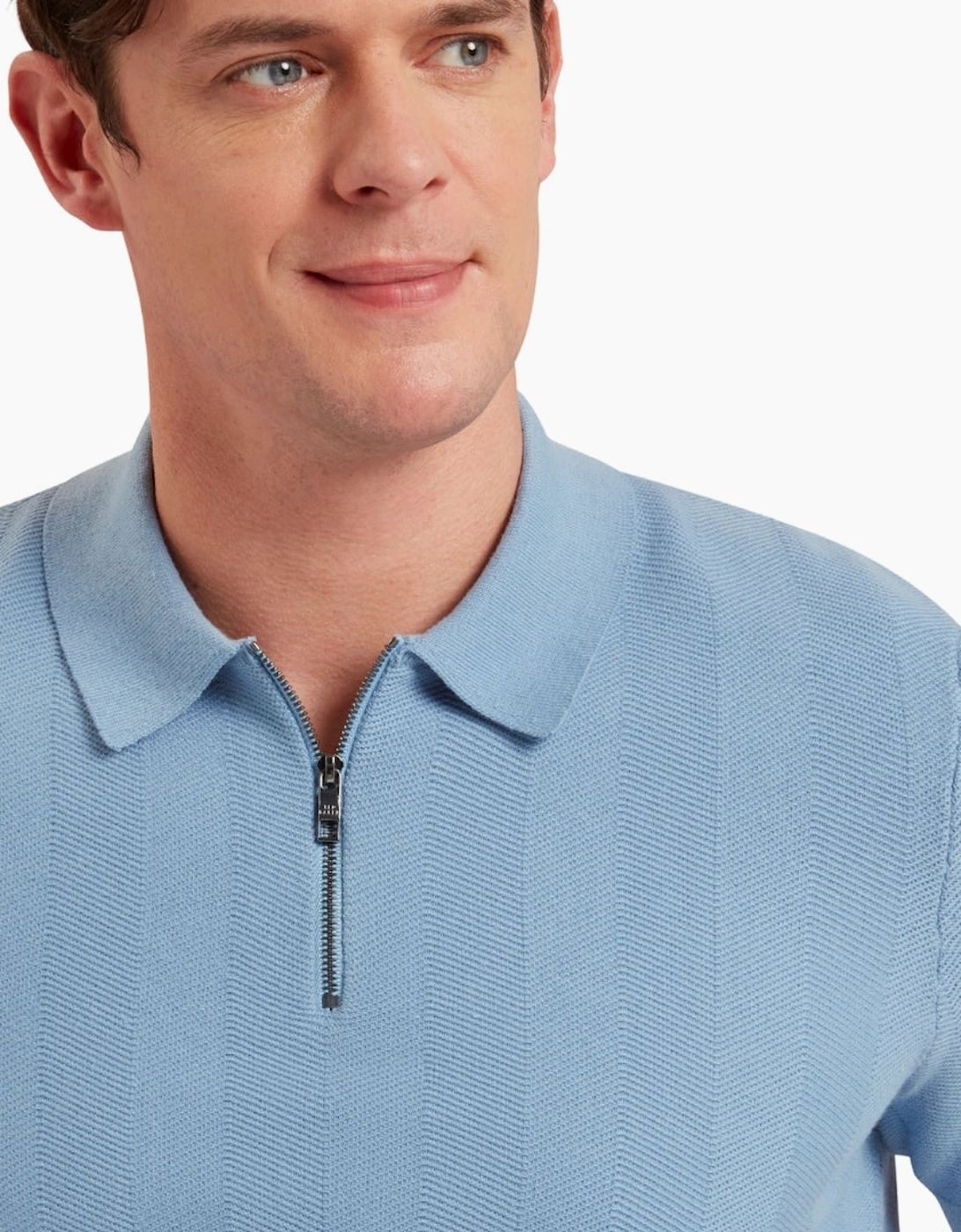 Ted Baker Fourd Herringbone Stitch Zip Blue Polo Shirt