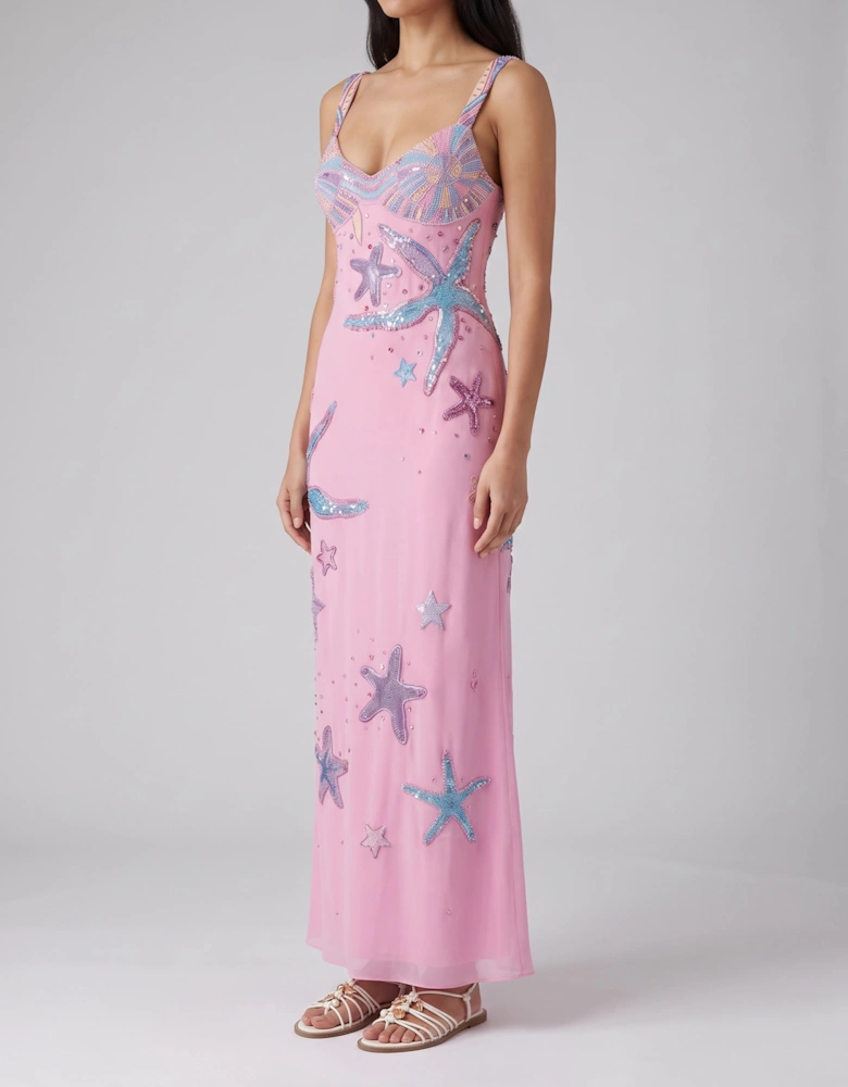 Crescent Shell Hand-Beaded Pink Long Dress in Stock