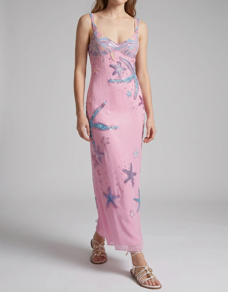 Crescent Shell Hand-Beaded Pink Long Dress in Stock