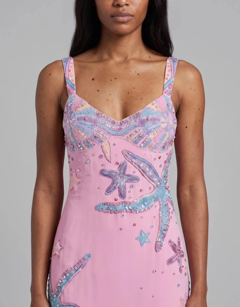 Crescent Shell Hand-Beaded Pink Long Dress in Stock