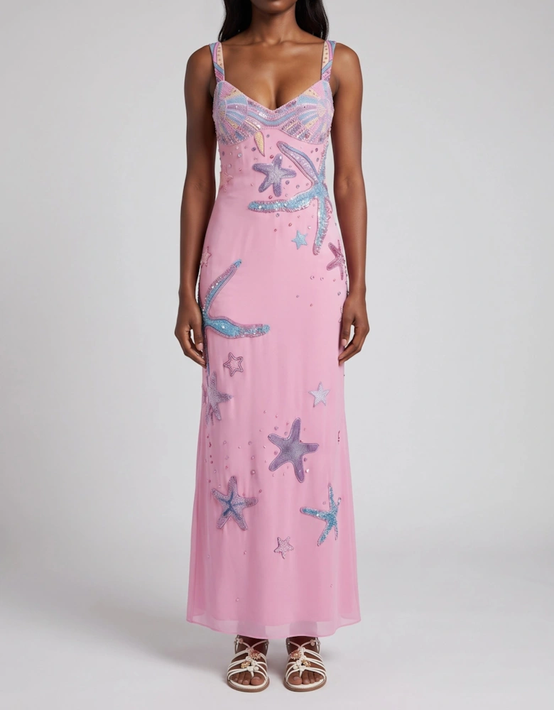 Crescent Shell Hand-Beaded Pink Long Dress in Stock
