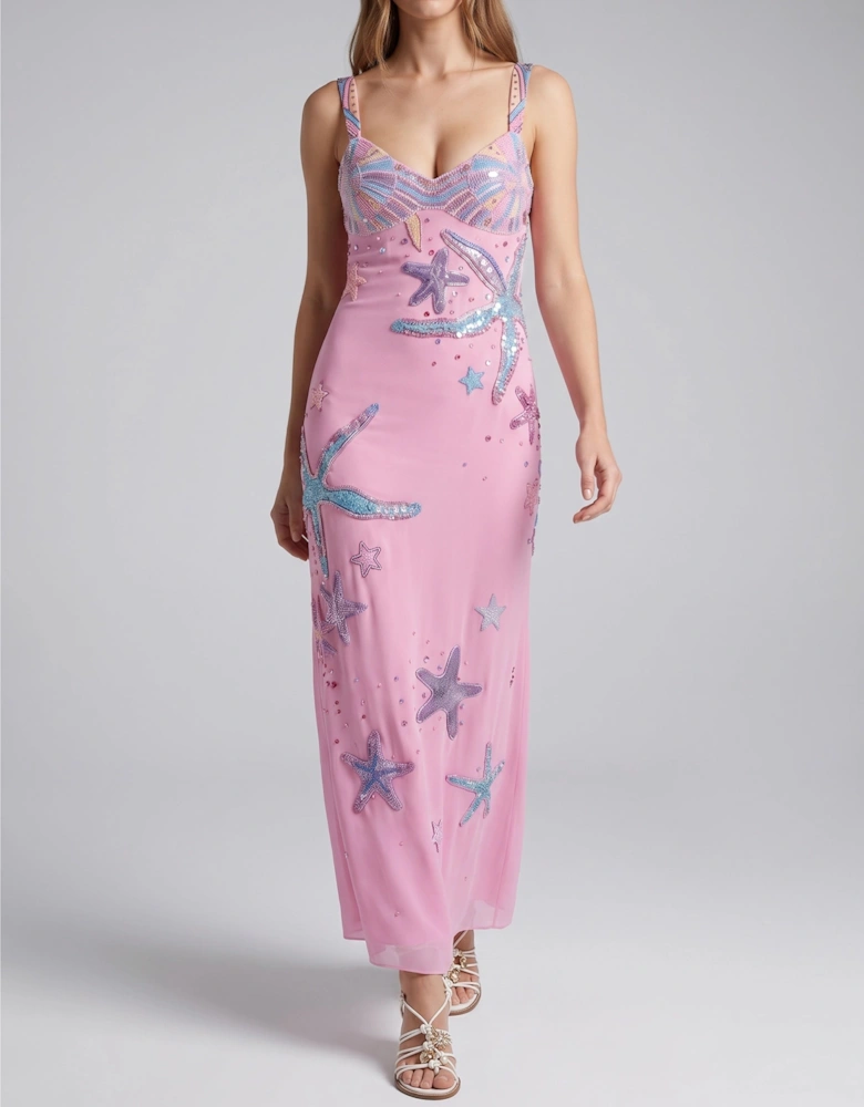 Crescent Shell Hand-Beaded Pink Long Dress in Stock