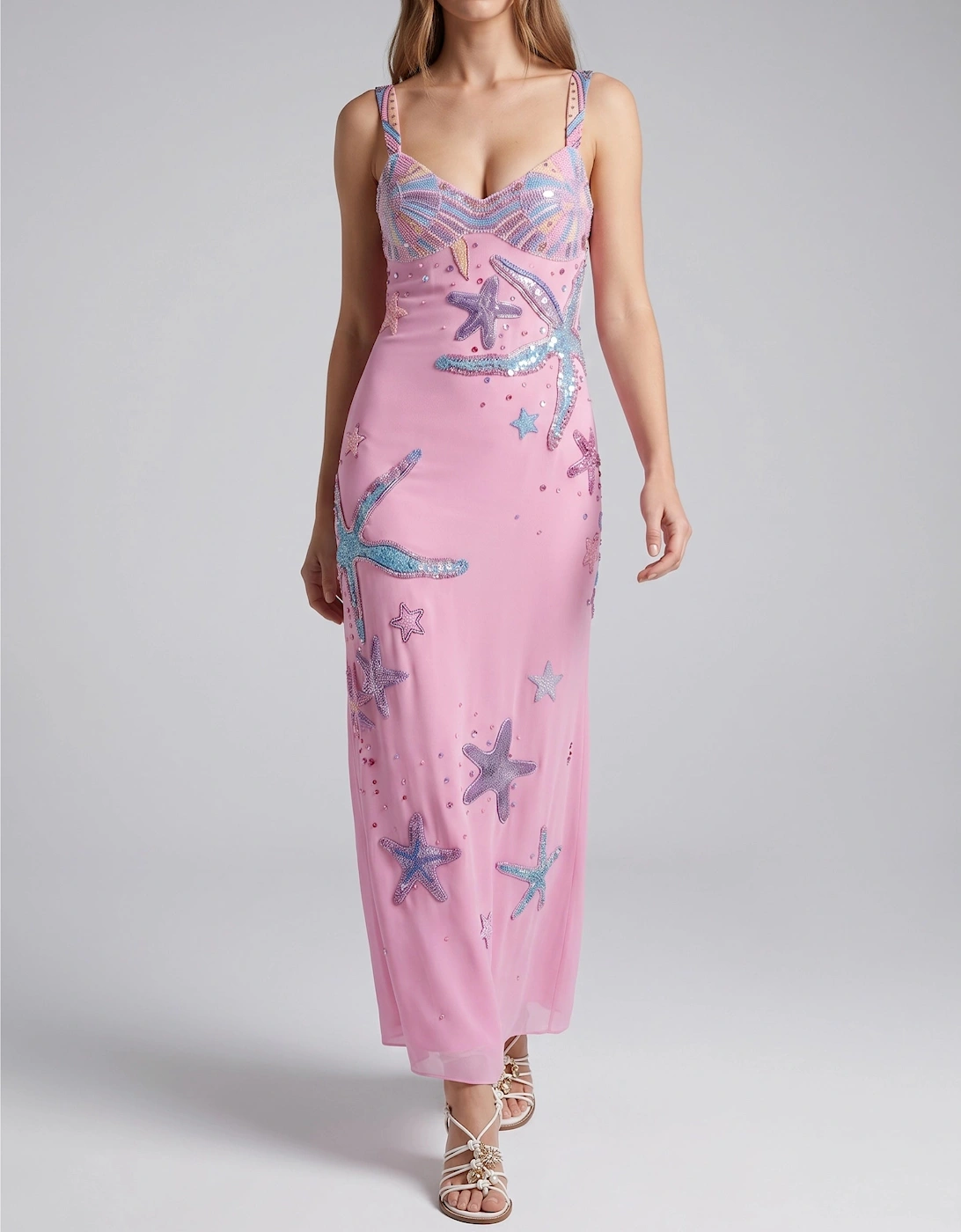 Crescent Shell Hand-Beaded Pink Long Dress in Stock