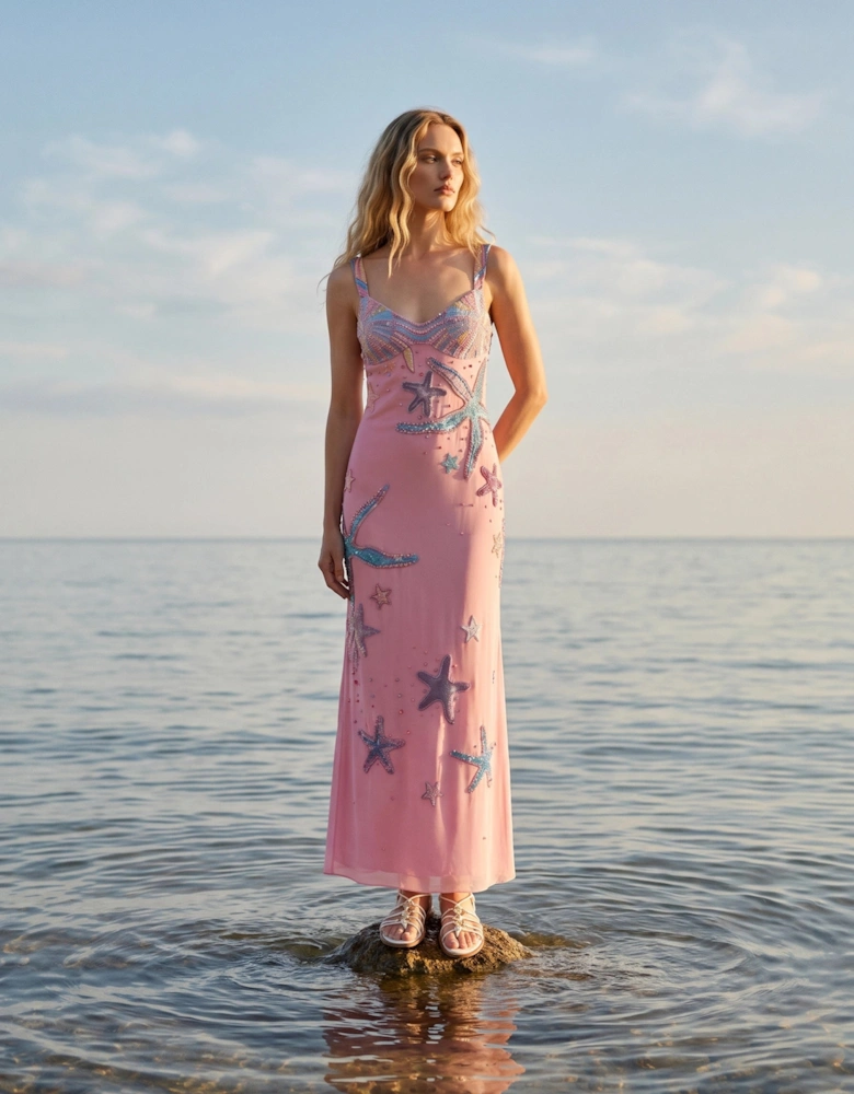 Crescent Shell Hand-Beaded Pink Long Dress in Stock