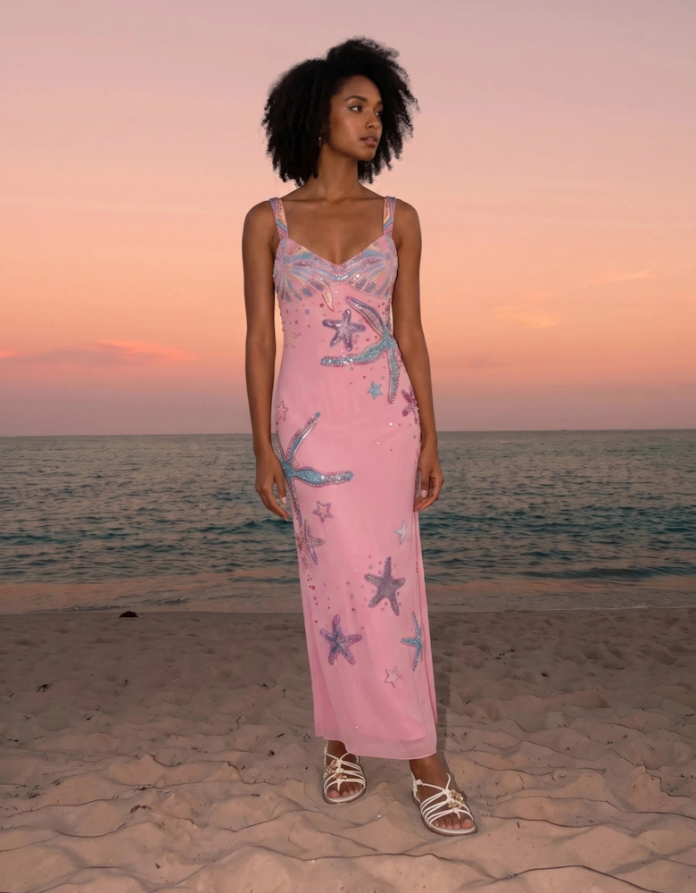 Crescent Shell Hand-Beaded Pink Long Dress in Stock