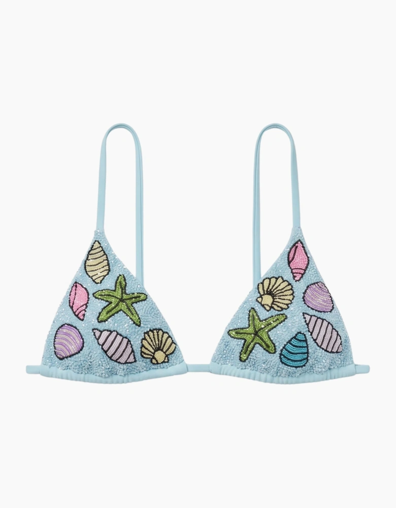 Moire Shell Blue Hand-Beaded Bikini Top