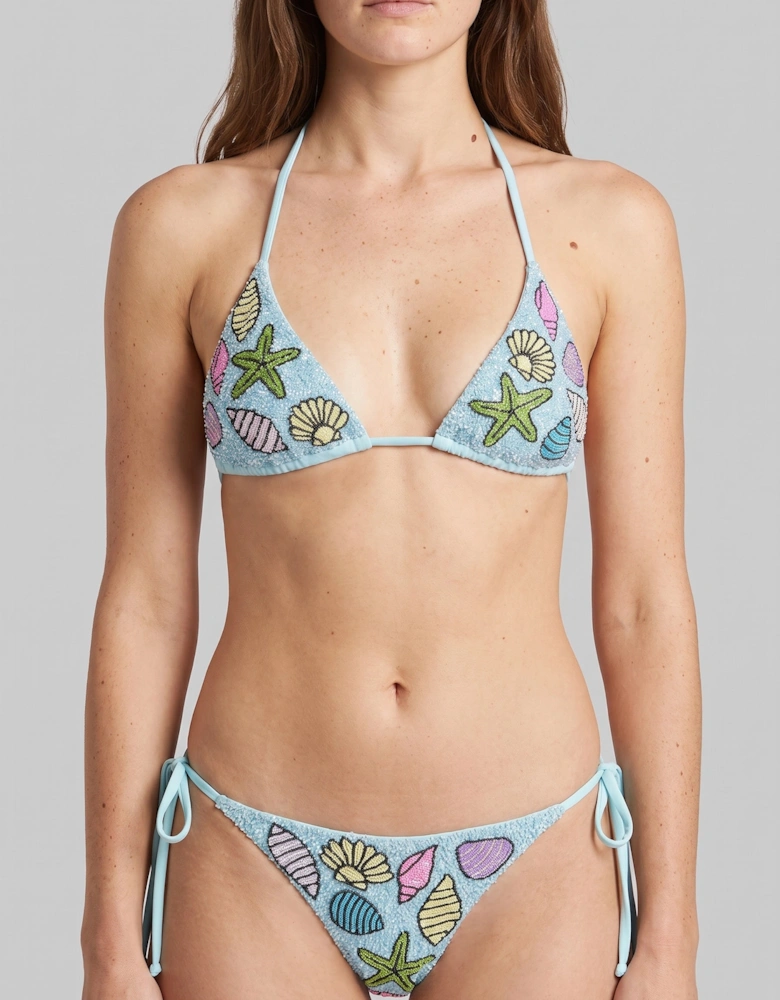 Moire Shell Blue Hand-Beaded Bikini Bottom