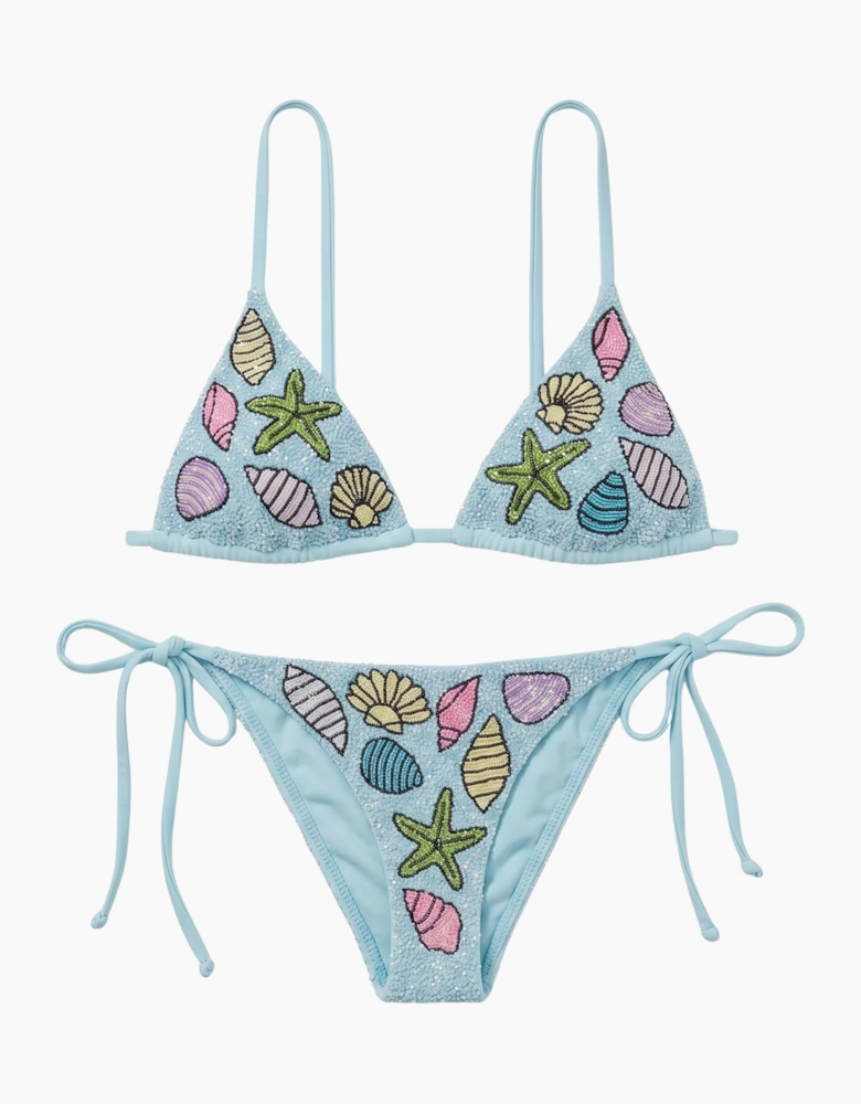 Moire Shell Blue Hand-Beaded Bikini Bottom
