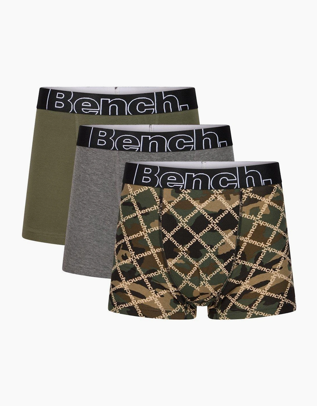 Bench Rusty 3pk Mens Boxer Shorts Camo / Charcoal Marl / Khaki