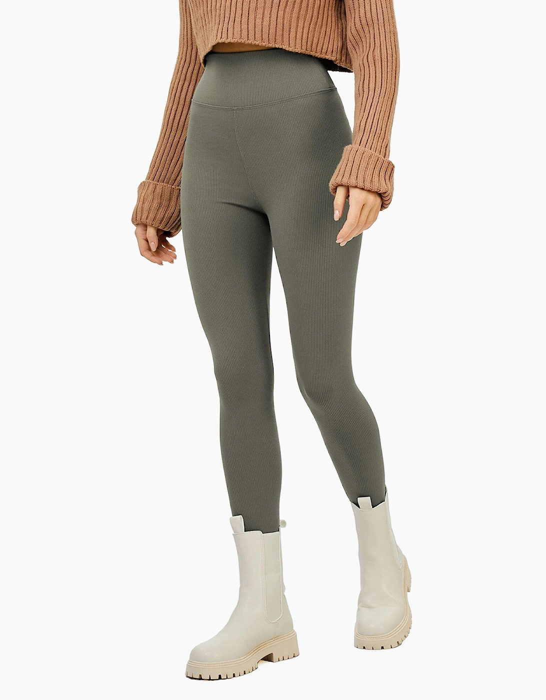 Lookus Irem Fleece Lined Ribbed Leggings Womens Olive