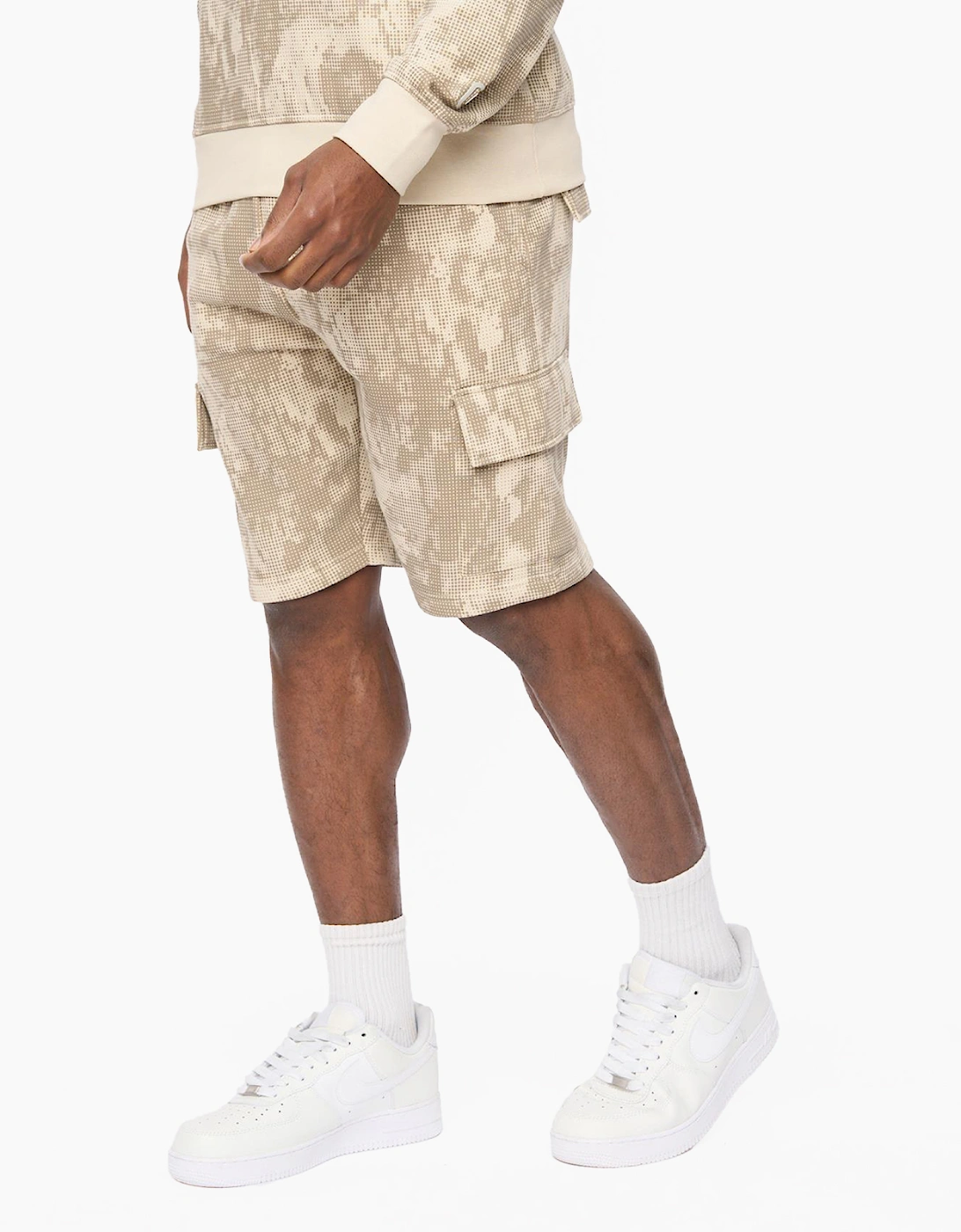 Crosshatch Bardon Camo Mens Cargo Shorts Light Stone