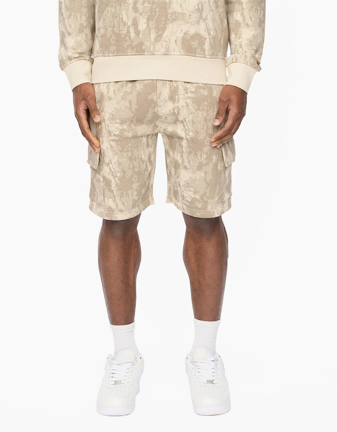 Crosshatch Bardon Camo Mens Cargo Shorts Light Stone