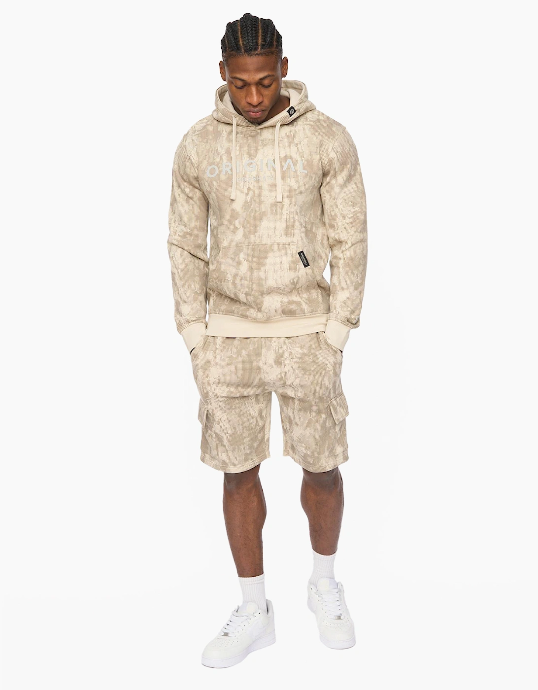 Crosshatch Bardon Camo Mens Cargo Shorts Light Stone