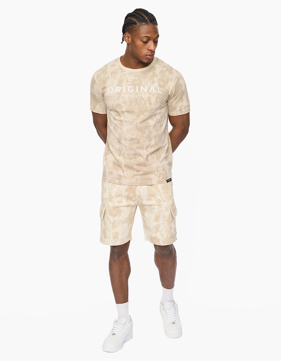 Crosshatch Bardon Camo Mens Cargo Shorts Beige