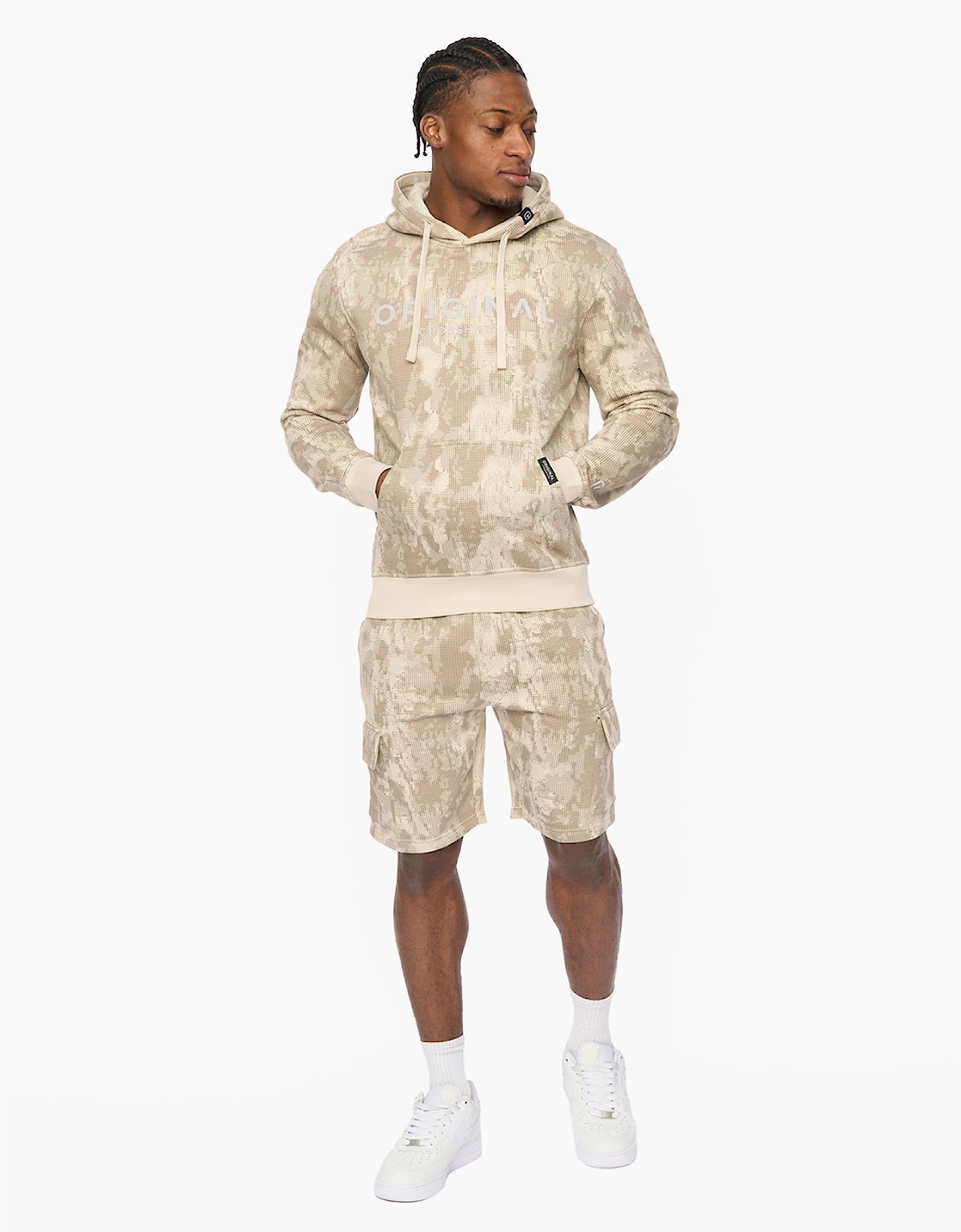Crosshatch Bardon Mens Camo Hoodie Light Stone / Beige