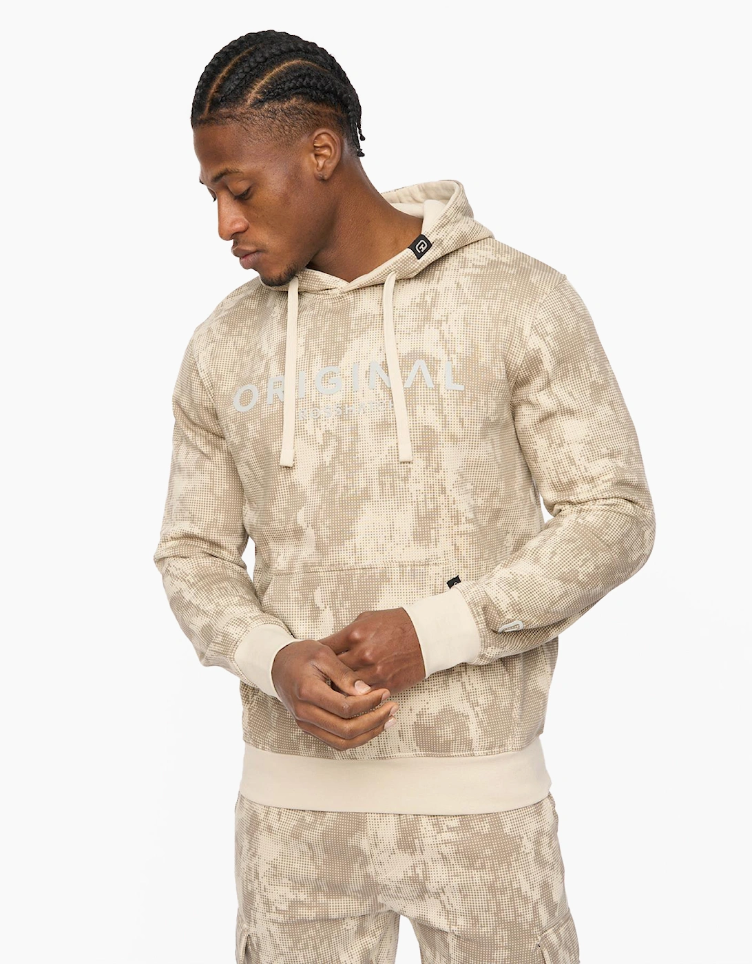 Crosshatch Bardon Mens Camo Hoodie Light Stone / Beige