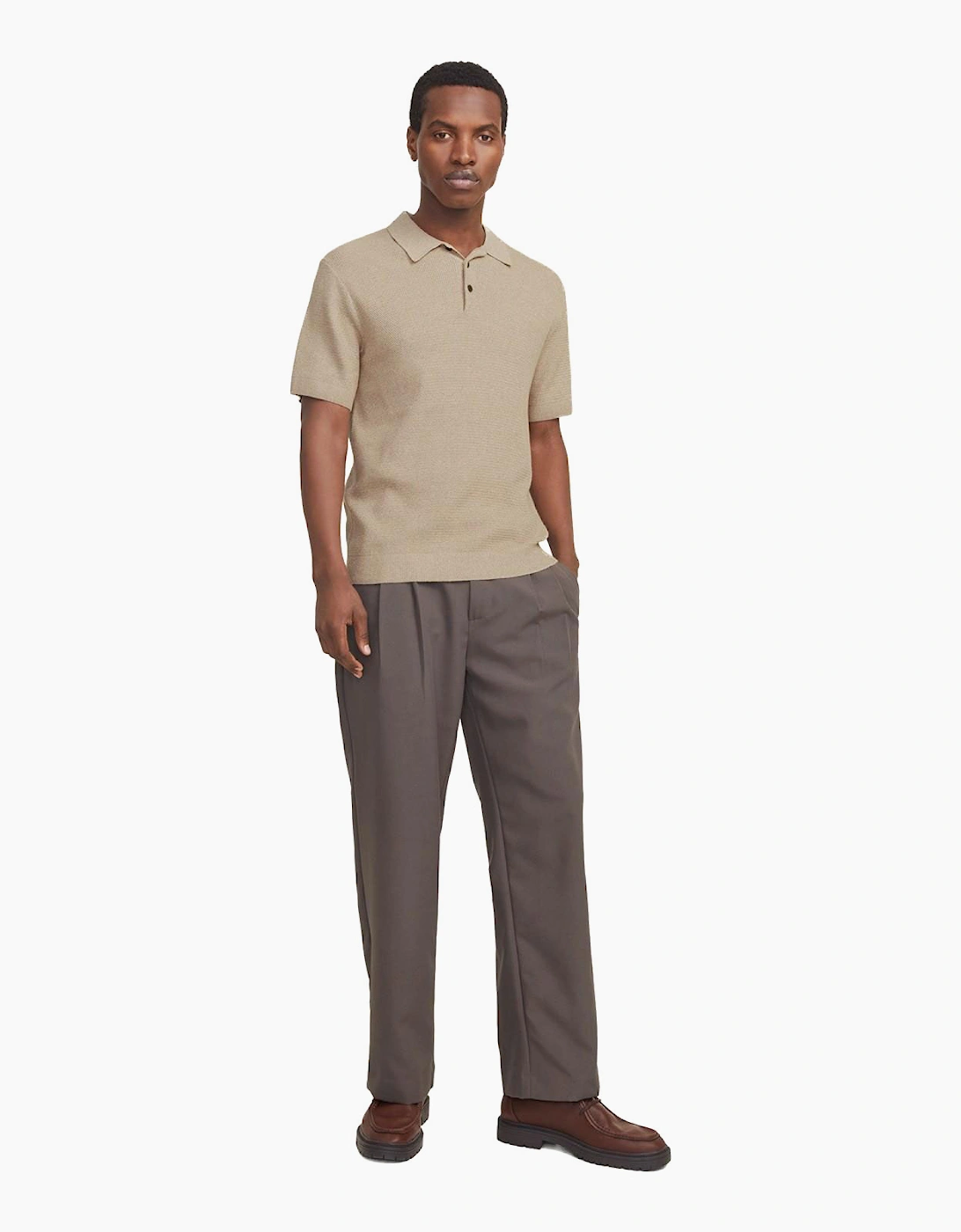 Jack & Jones Premium Knitted Mens Polo Shirt Greige