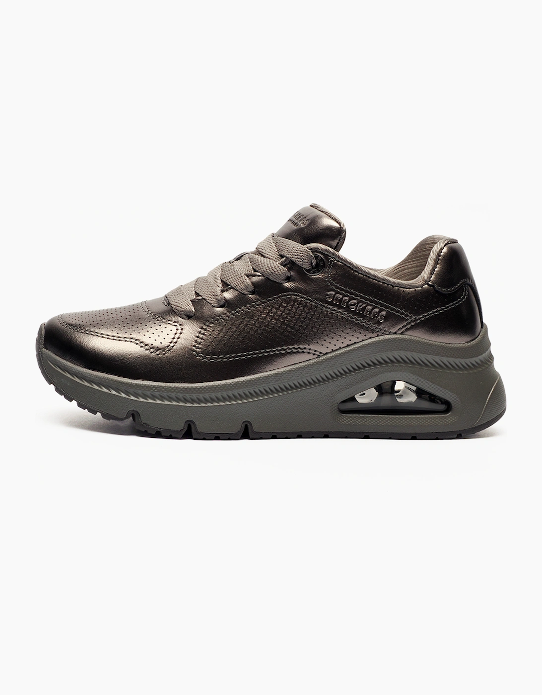 Girl's Skechers Uno Icon Lustrous Air Memory Foam Womens / Girls Trainers Pewter Metallic - Black - Size, Kids Uk 7