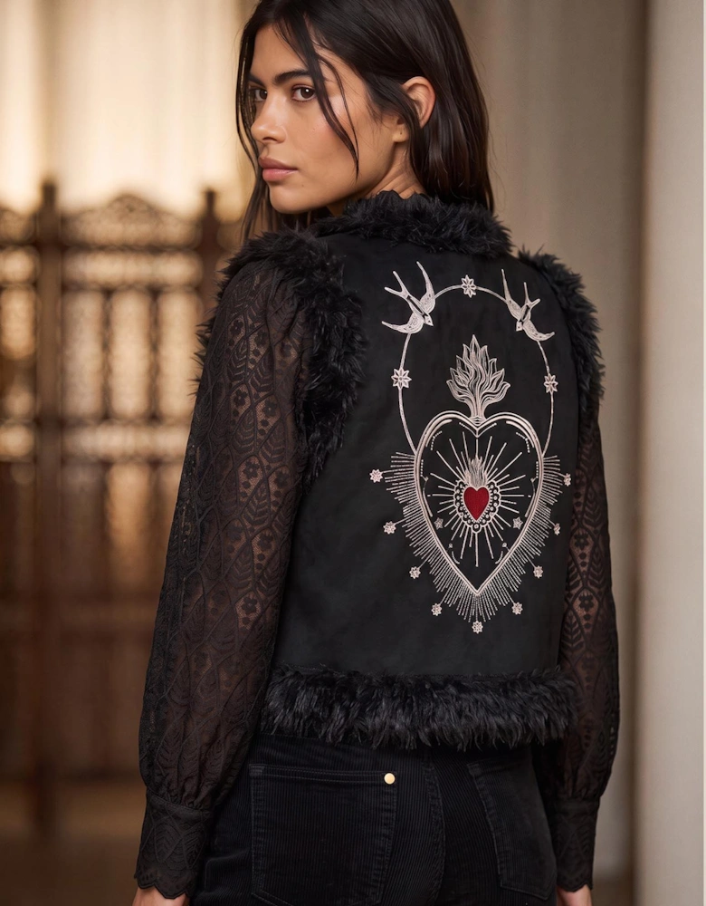 Sacred Heart Embroidered Faux Fur Gilet - Black