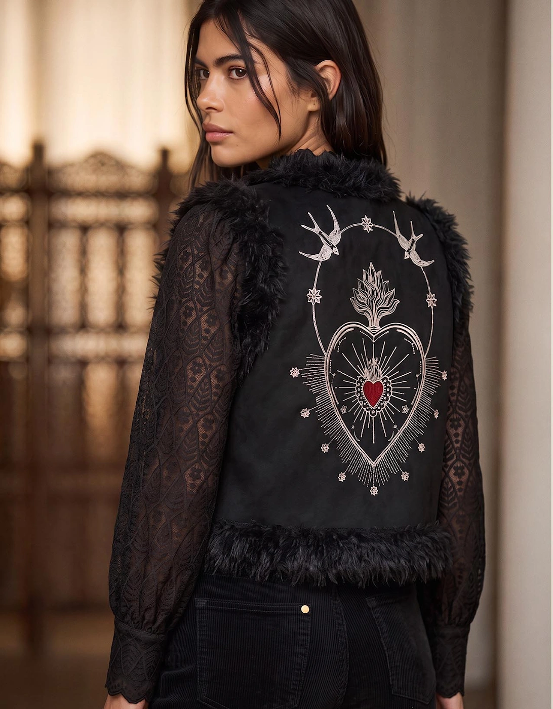Sacred Heart Embroidered Faux Fur Gilet - Black