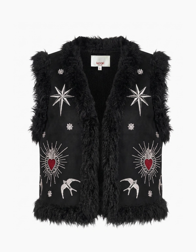 Sacred Heart Embroidered Faux Fur Gilet - Black