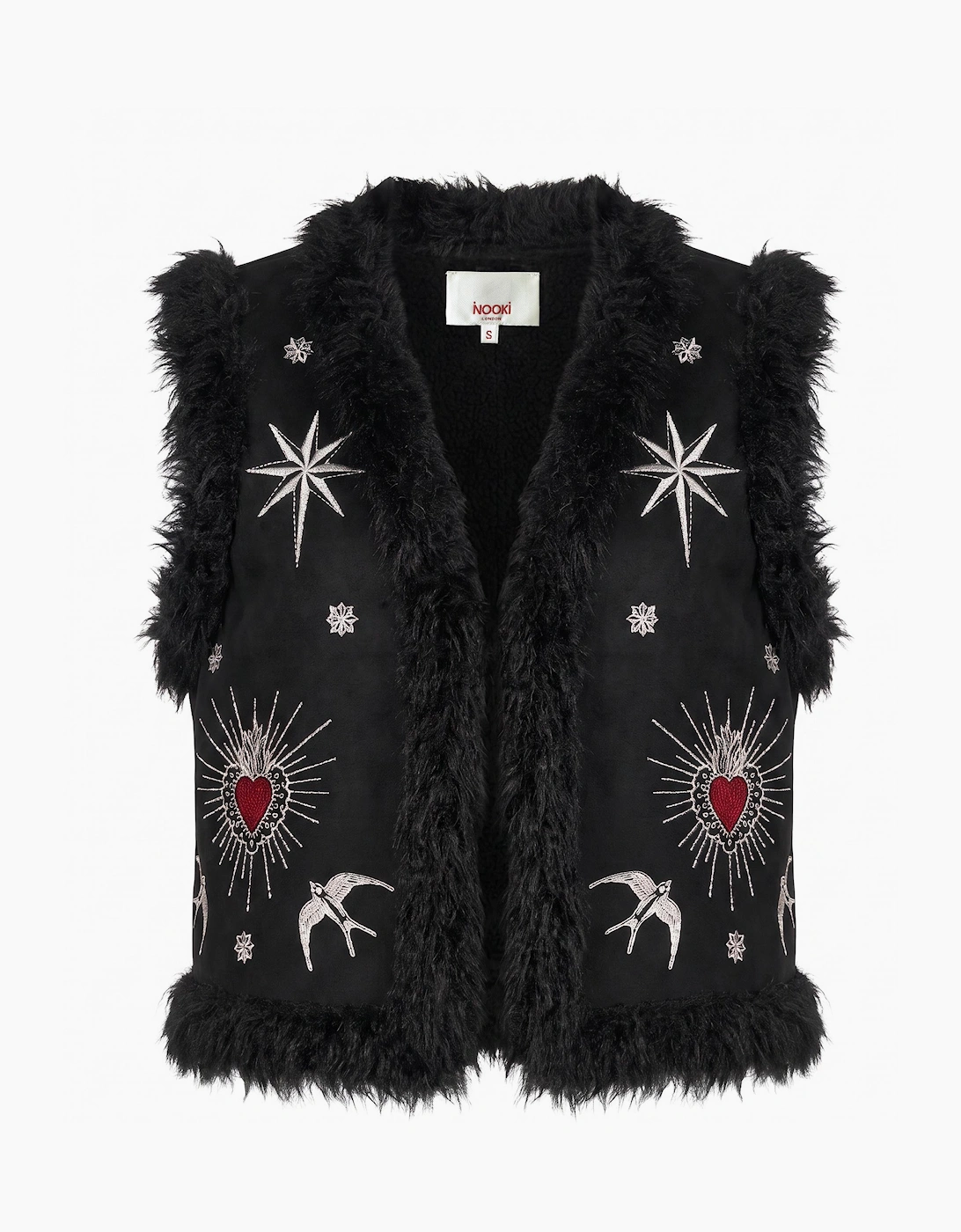 Sacred Heart Embroidered Faux Fur Gilet - Black