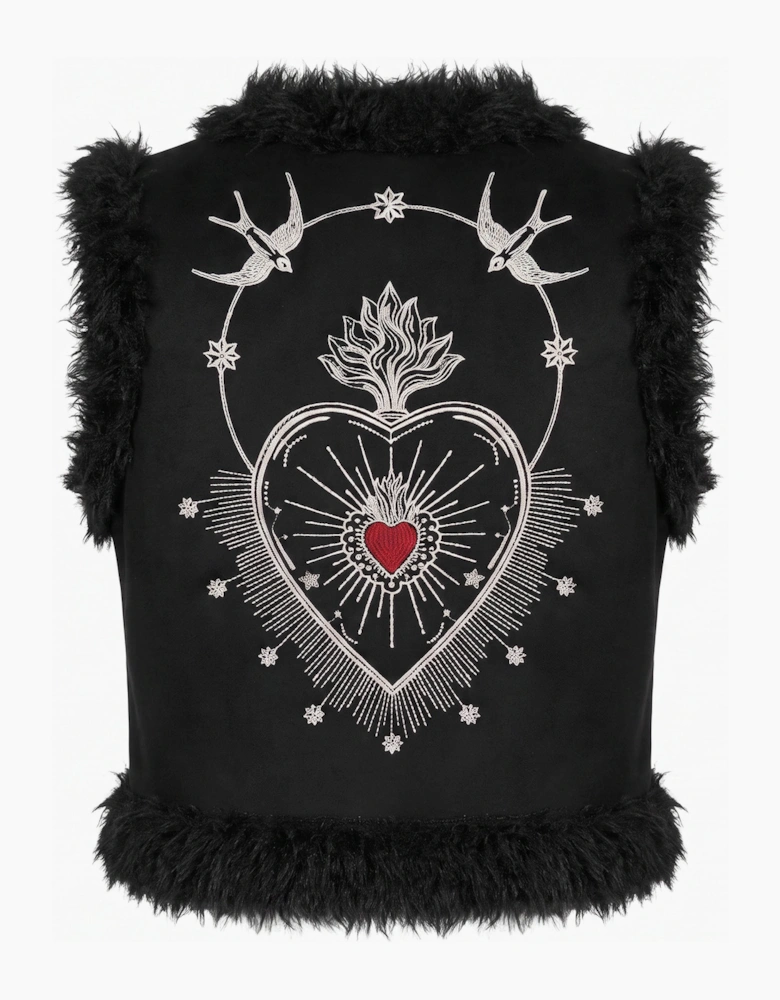 Sacred Heart Embroidered Faux Fur Gilet - Black
