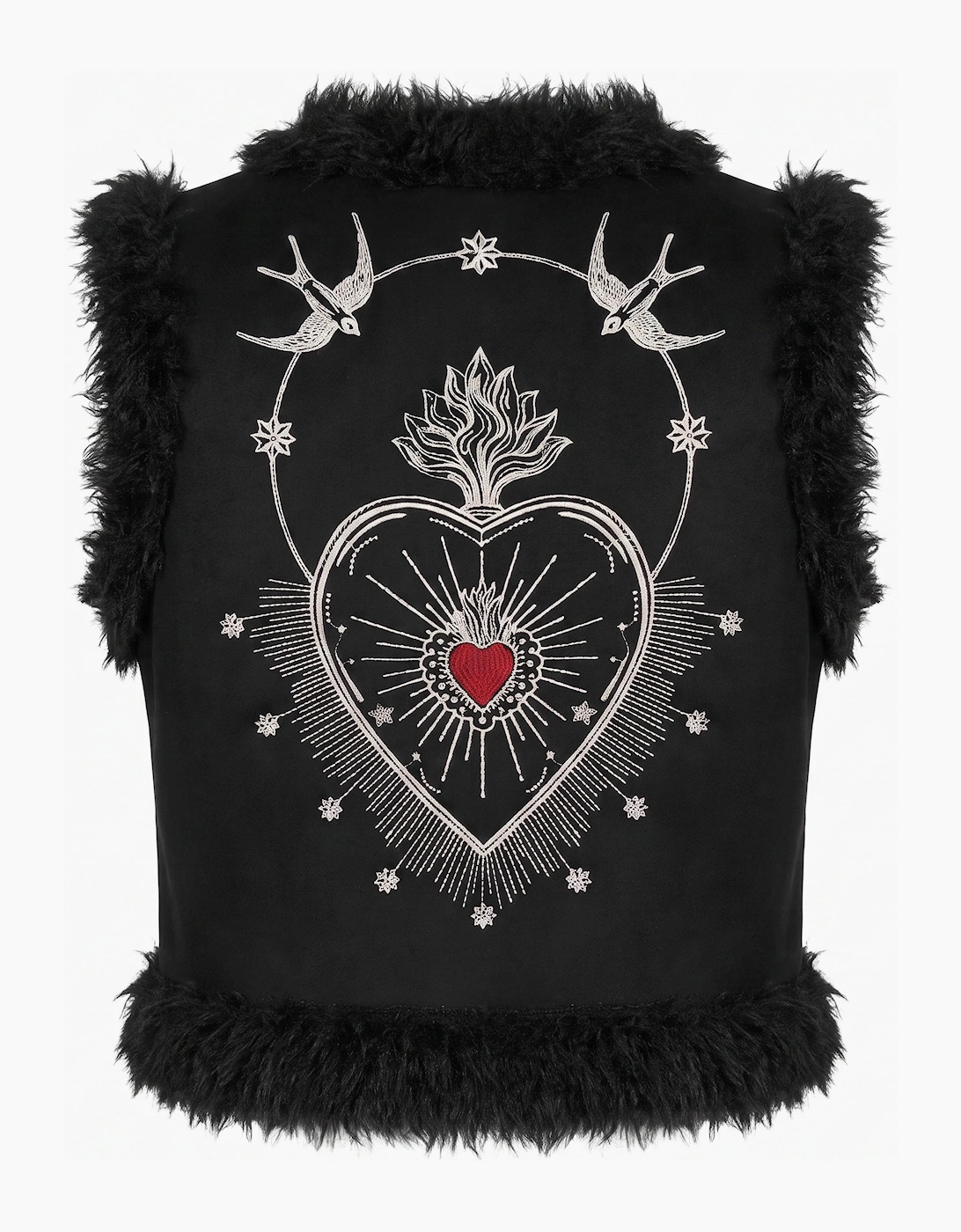 Sacred Heart Embroidered Faux Fur Gilet - Black