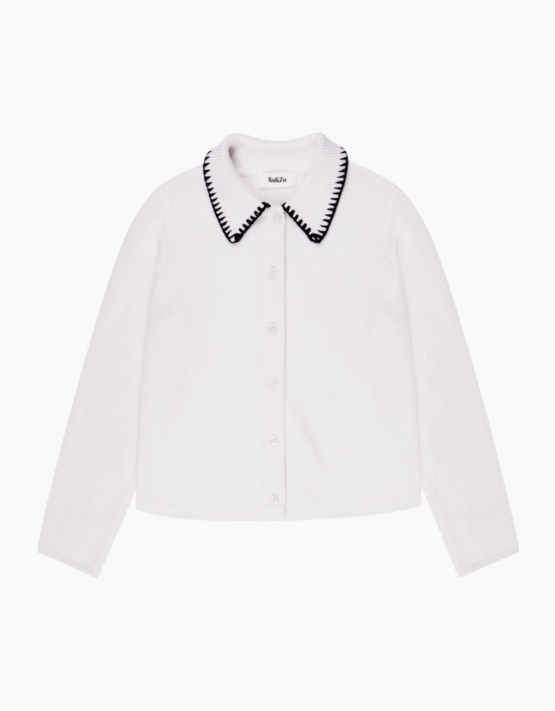 Ivory Contrast-Stitch Collared Cardigan with Wool