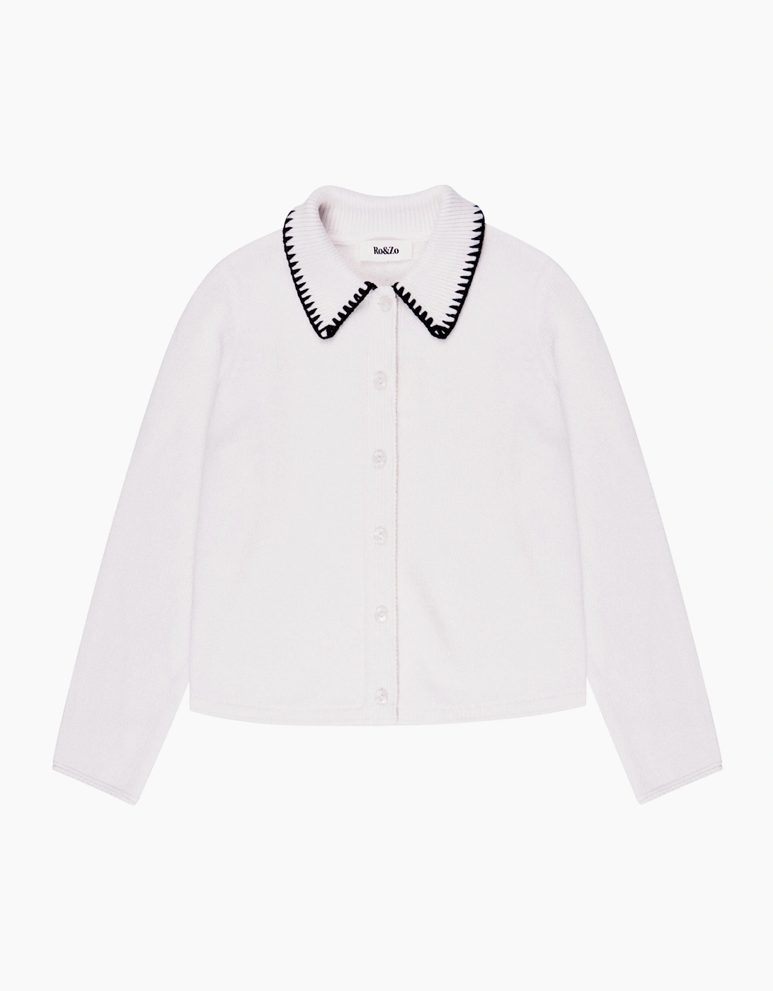 Ivory Contrast-Stitch Collared Cardigan with Wool
