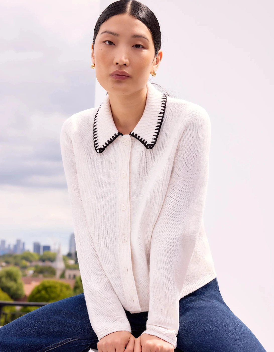 Ivory Contrast-Stitch Collared Cardigan with Wool