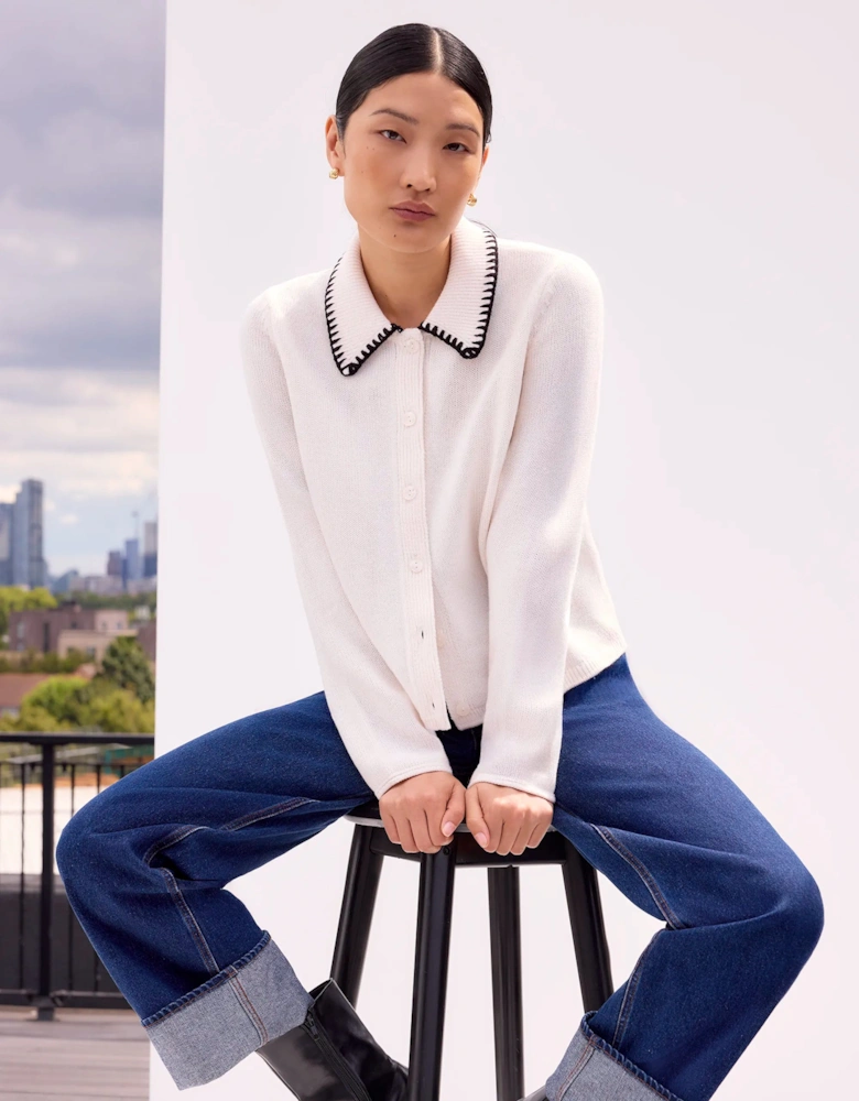 Ivory Contrast-Stitch Collared Cardigan with Wool
