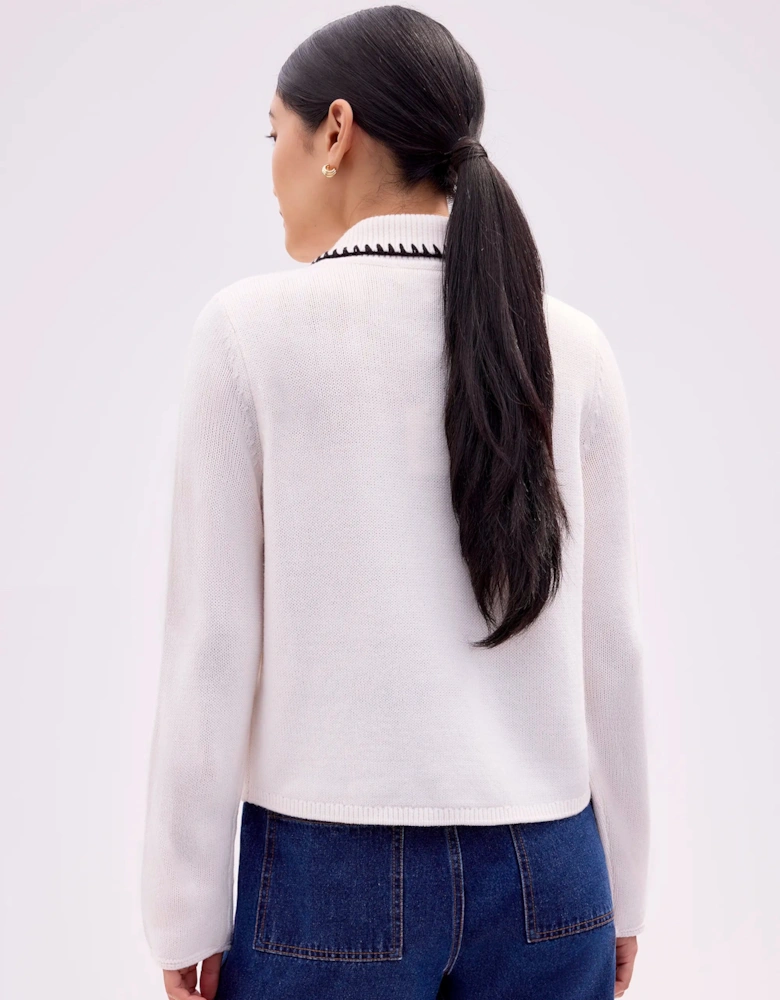 Ivory Contrast-Stitch Collared Cardigan with Wool