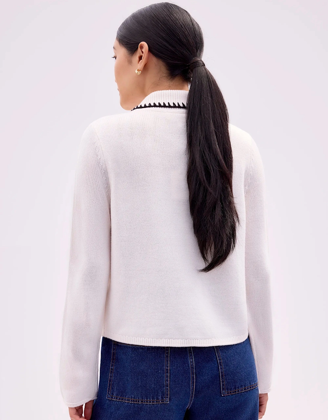 Ivory Contrast-Stitch Collared Cardigan with Wool