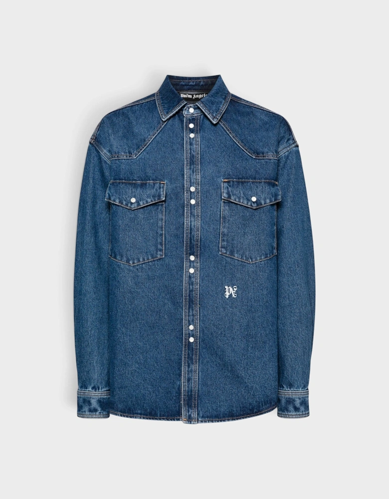 Oversized Monogram Denim Shirt Blue