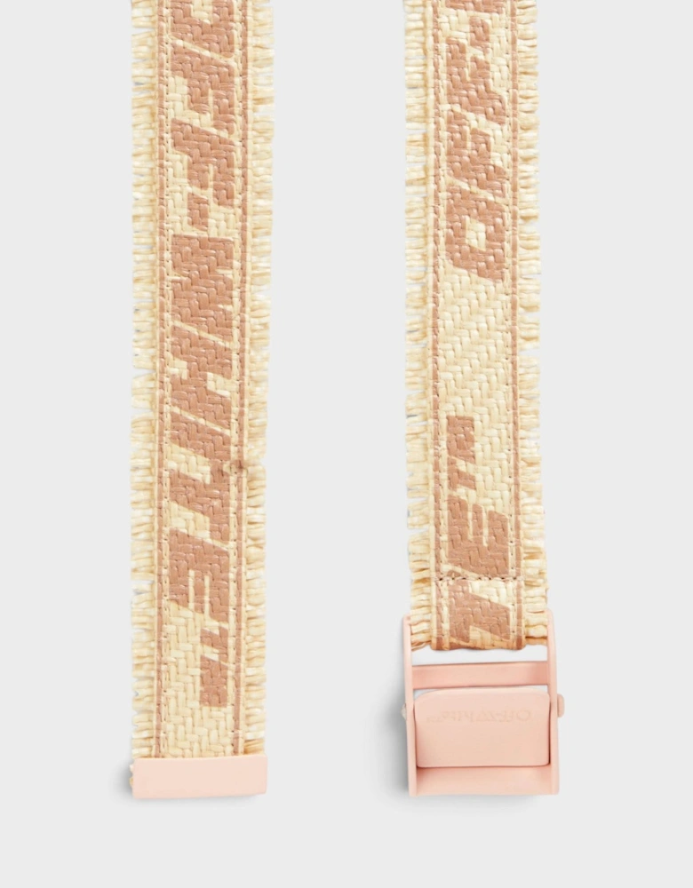 Logo Print Faux Raffia Belt Beige