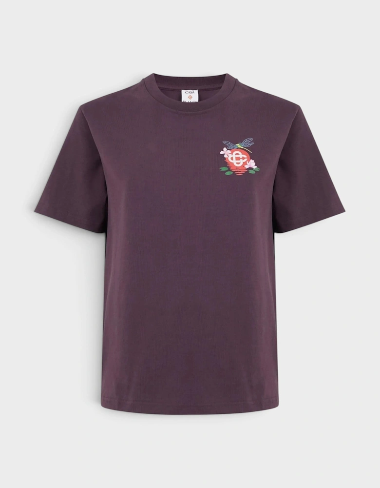 Dragonfly Floral Print T-Shirt Dark Purple