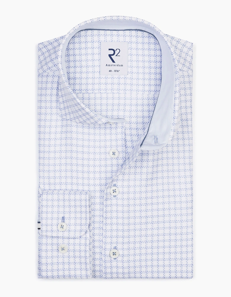 R2 CUT AWAY COLLAR LONG SLEEVE SHIRT BLUE AND WHITE CHECK
