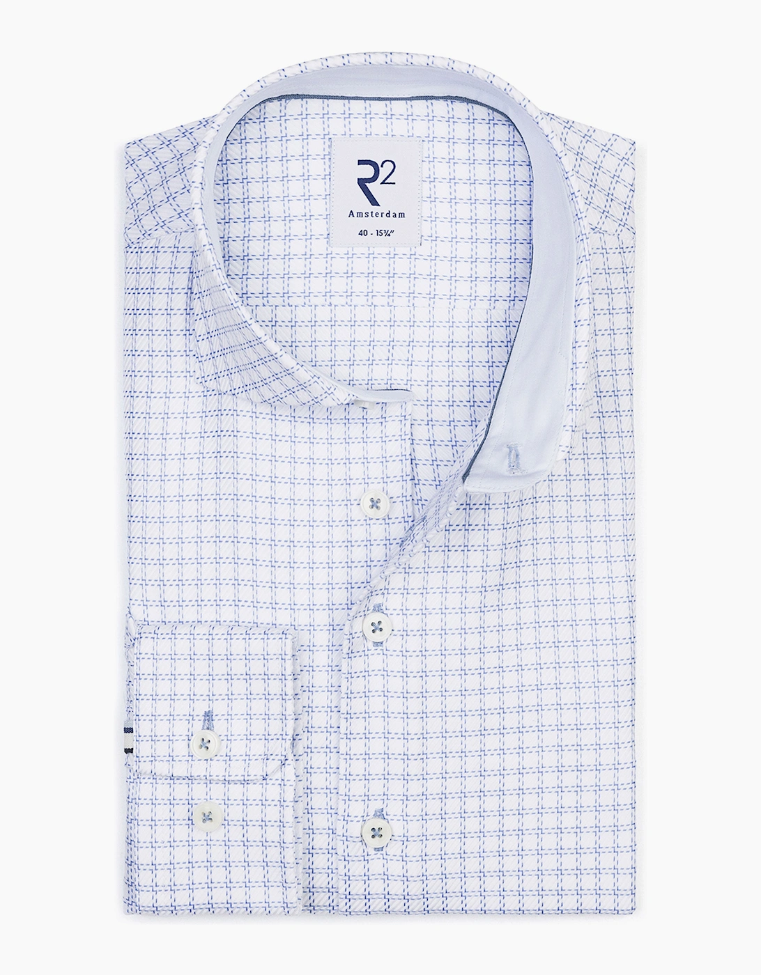 R2 CUT AWAY COLLAR LONG SLEEVE SHIRT BLUE AND WHITE CHECK