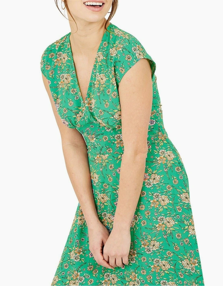 Blue Floral V-Neck Midi Wrap Dress