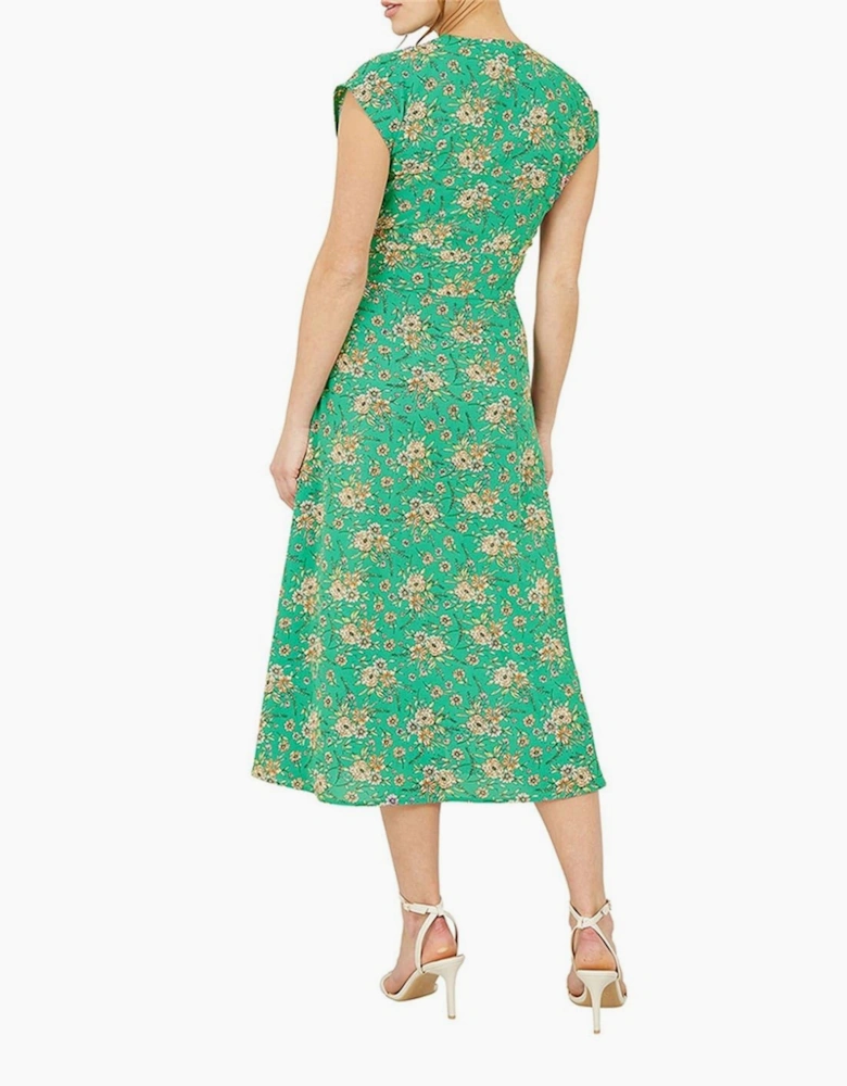 Blue Floral V-Neck Midi Wrap Dress