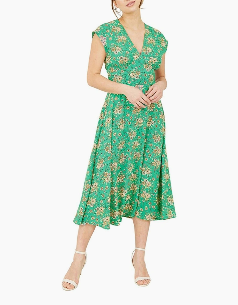 Blue Floral V-Neck Midi Wrap Dress