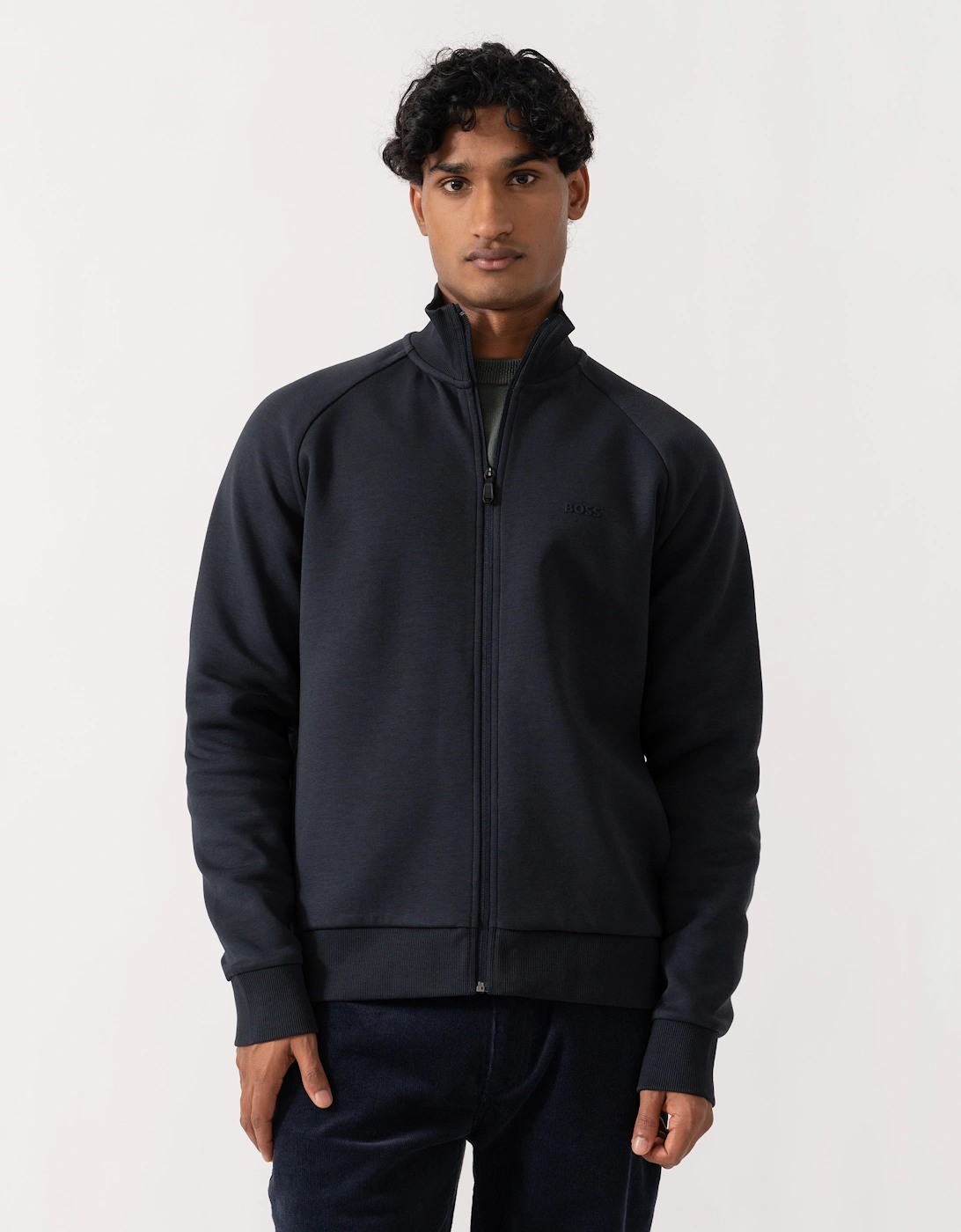 BOSS Green Skaz Mens Full Zip Funnel Neck Sweatshirt with Tonal Logo - Dark Blue 402