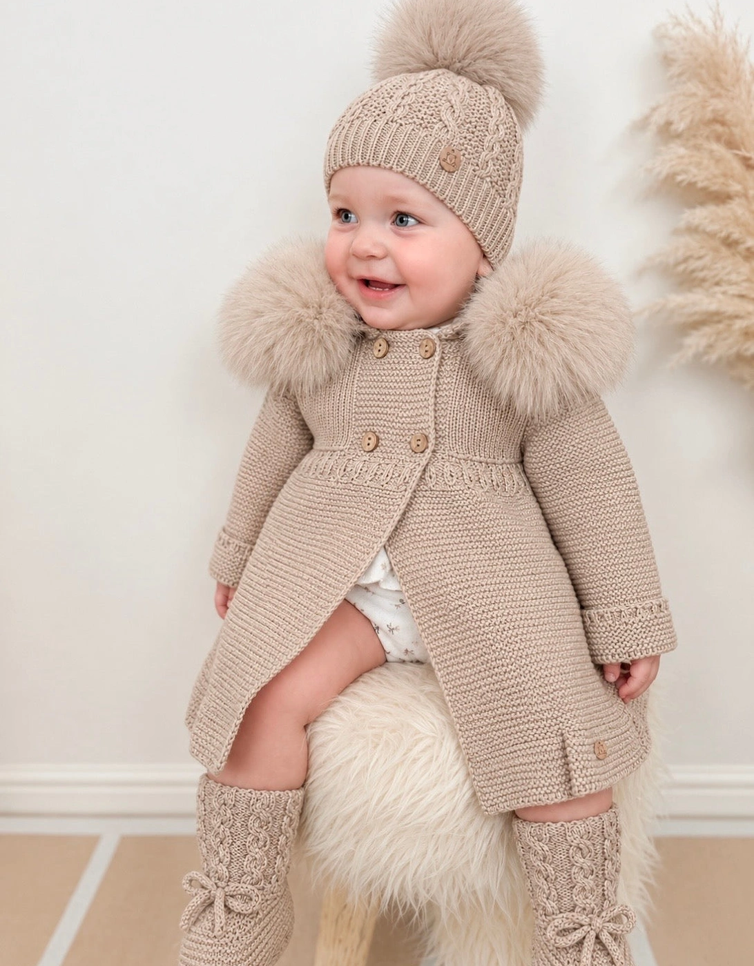 Deep Sand Knit Faux Fur Trim Cardigan