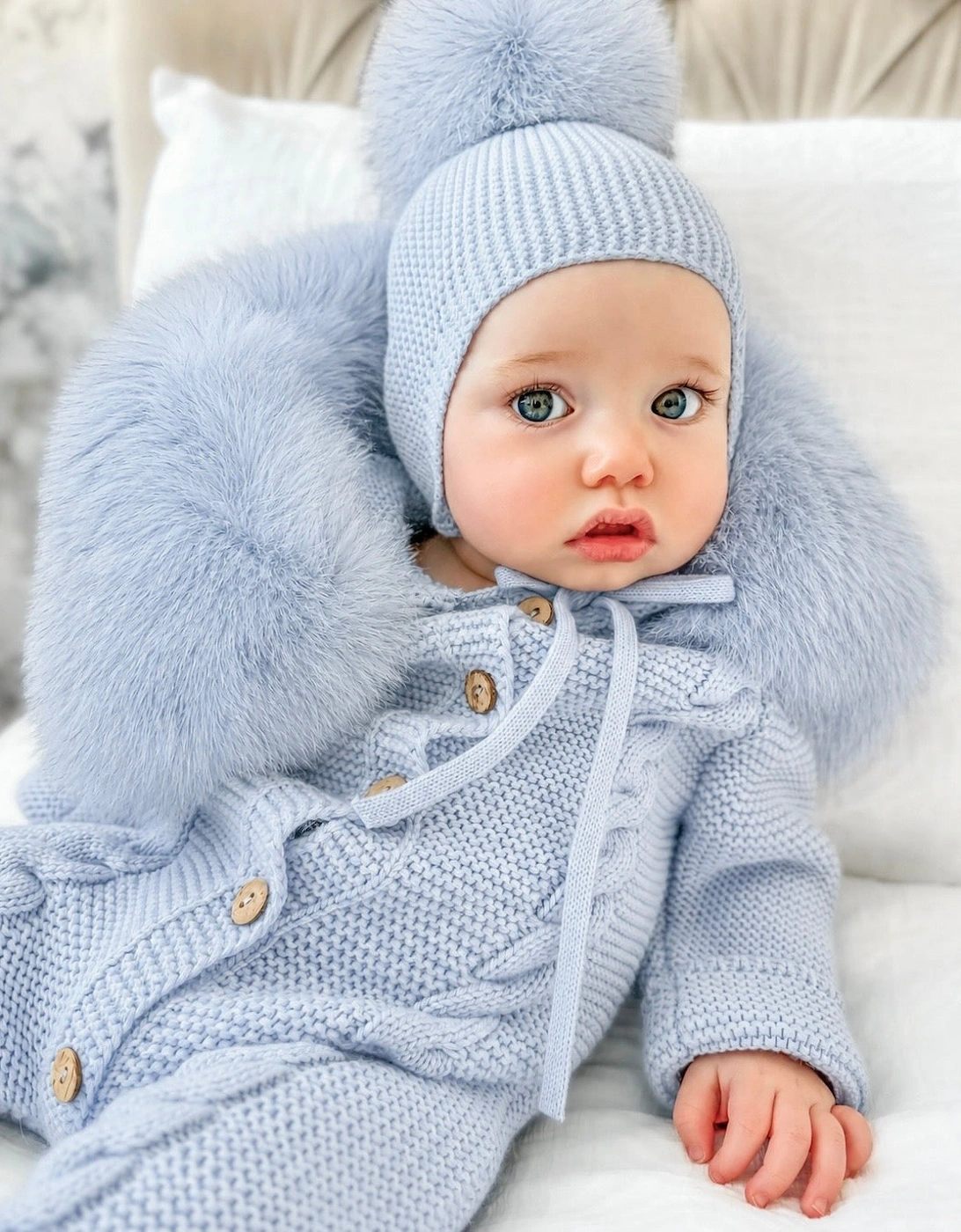 Powder Blue Cable Knit Real Fur Trim Pramsuit